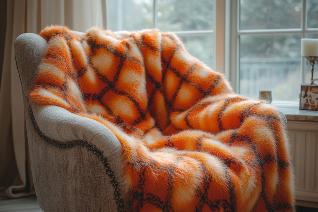 Osez l&rsquo;originalité avec le tissu en fausse fourrure teddy imprimé carreau orange