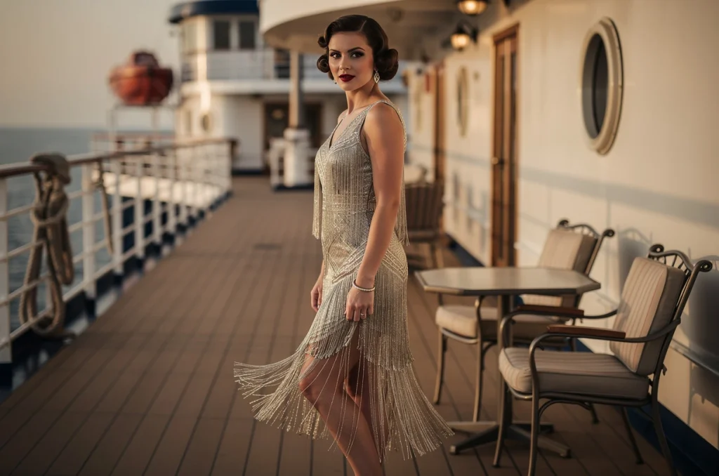 Embarquez pour une croisière rétro chic avec une robe charleston à franges scintillantes